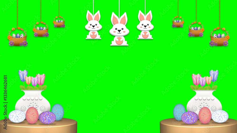 Fototapeta premium easter holiday decoration on green screen with flower pot, colorful eggs and swinging cute white bunny. easter day decoration illustration.