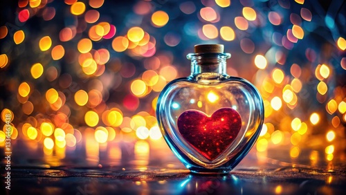 A clear glass bottle holds a heart, bathed in soft bokeh lights, a romantic Valentine's gift.