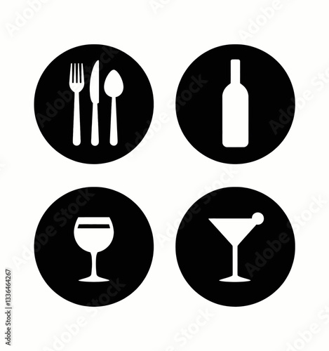 Black circular food and beverage icon set
