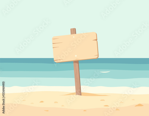 Blank Wooden Sign on Beach with Light Blue Water View