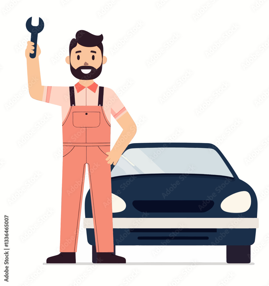 Car Mechanic with Wrench and Dark Blue Car