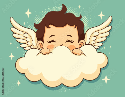 Cartoon cherub on cloud with wings and stars on teal background