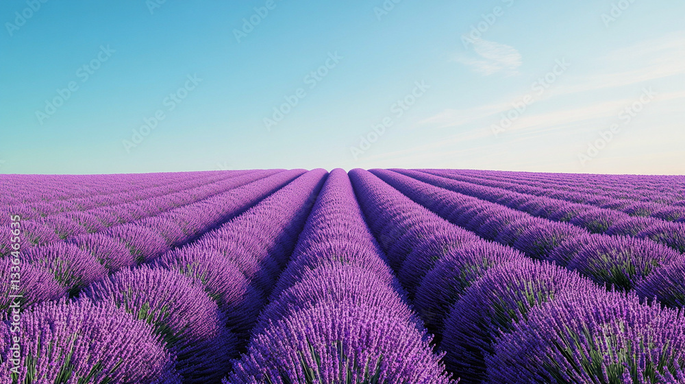 Fototapeta premium A field of vibrant purple lavender in full bloom under a clear sky.