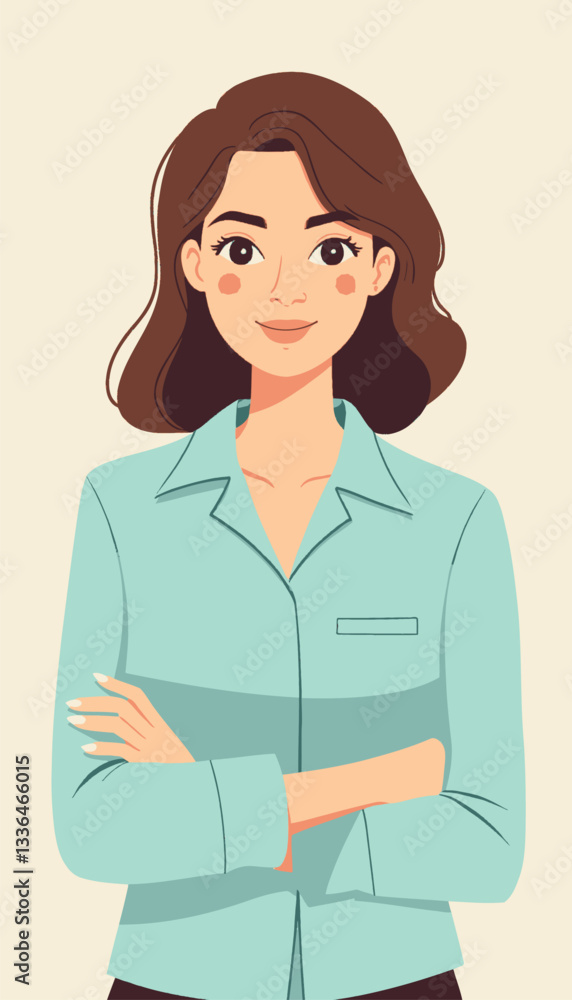 Cartoon woman with light teal shirt, arms crossed Cartoon woman with light teal shirt, arms crossed
