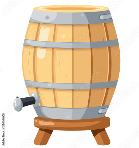 Cartoon Wooden Barrel with Spigot on Stand