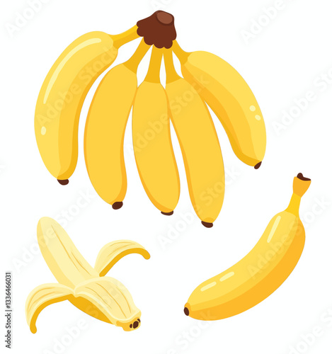 Cartoon yellow bananas: bunch, peeled, and whole
