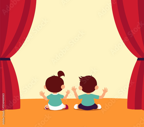 Children watch stage show with red curtains open
