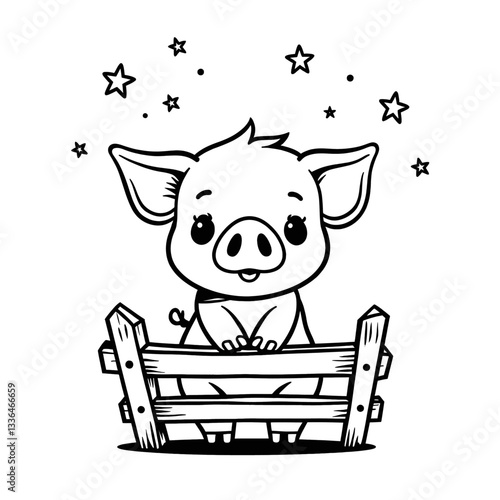 Cute Piglet with Stars Leaning on Fence, Line Art