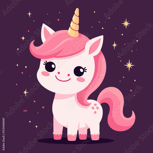 Cute Pink Unicorn with Stars on Purple Background