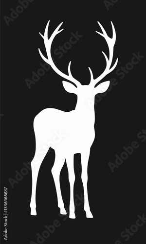 Deer Silhouette, White Stag on Black Background