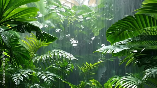 Lush rainforest landscape with abundant greenery and soft rain falling on vibrant leaves