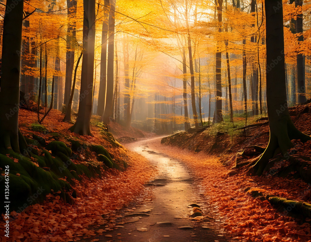 Fototapeta premium Autumnal road in the forest with golden leaves and sun rays