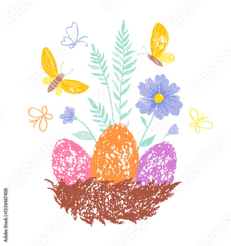 Nest with easter egg, flower, butterfly. Egg basket vector. Happy Easter gift greeting card. Crayon color bird nest background. Spring grass and flower illustration. Cute decoration bg, hunt pattern
