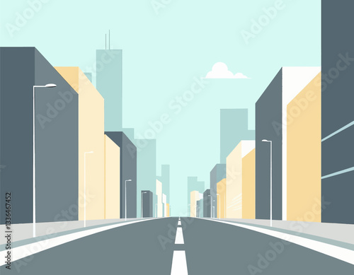 Geometric city street with buildings and streetlights