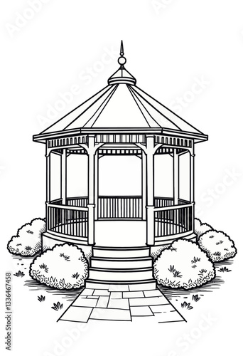 Gazebo sketch with topiary bushes and paved path