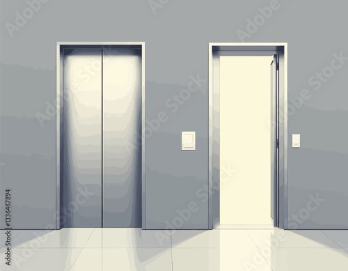 Gray wall with elevator doors and one open door