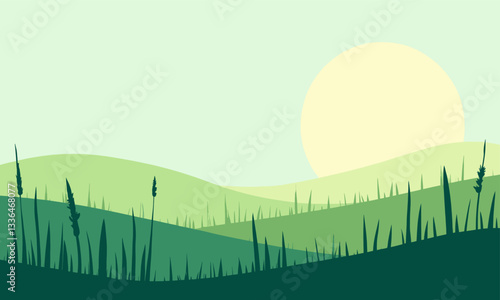 Green Landscape with Grasses and Sun Illustration