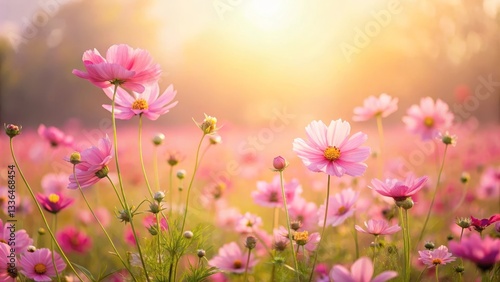 A Field of Delicate Pink Cosmos Blossoms Bathed in the Warm Glow of the Setting Sun