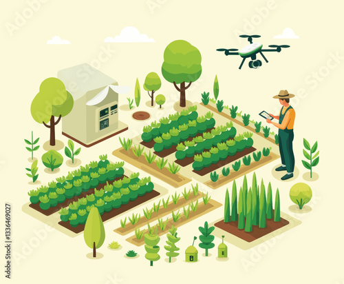 Isometric farm scene with drone and farmer using tablet