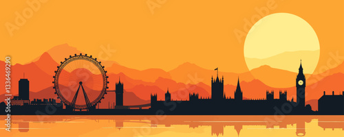 London Silhouette at Sunset with Reflections