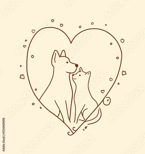 Minimalist Dog and Cat Love Heart Outline
