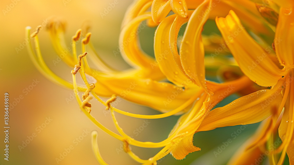Obraz premium Extreme close-up of a rich golden-yellow honeysuckle, detailed stamens and curling petals