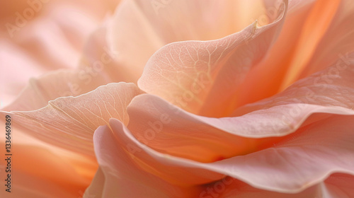 Extreme close-up of a soft peach begonia, ruffled petals and warm floral hues
