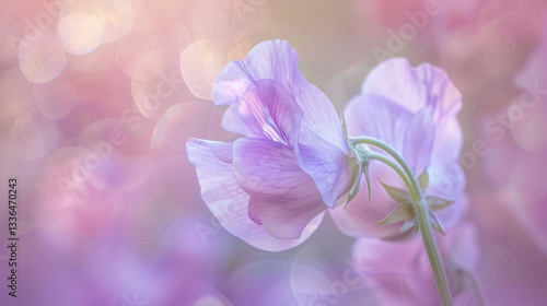 Extreme macro shot of a pale violet sweet pea, curling petals with a soft pastel hue