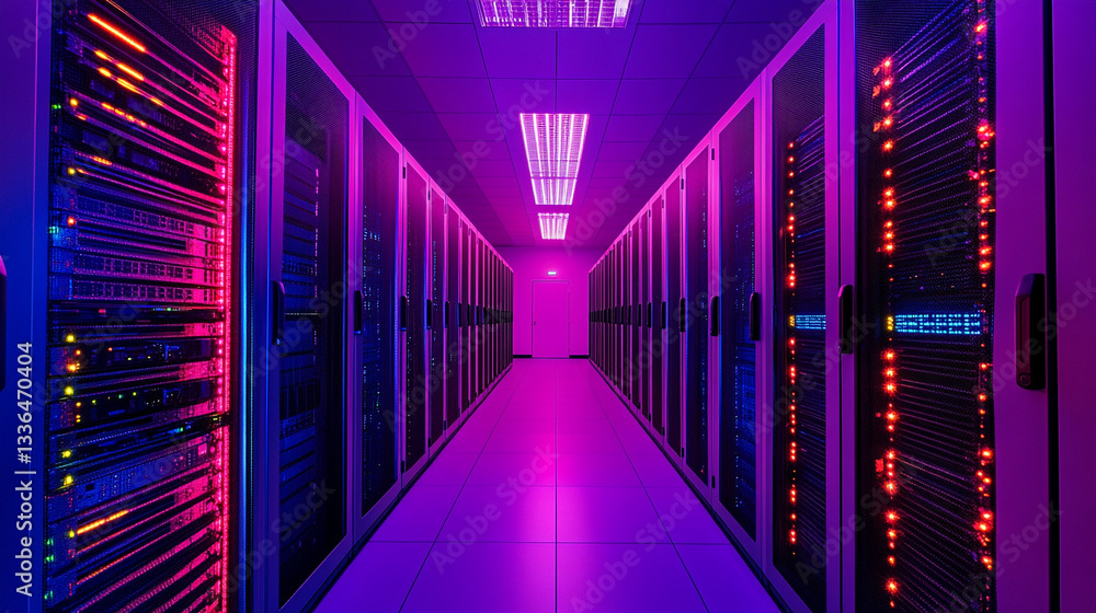 Modern data center server room with purple neon lights technology glow dark cyber racks system Modern data center server room with purple neon lights technology glow dark cyber racks system