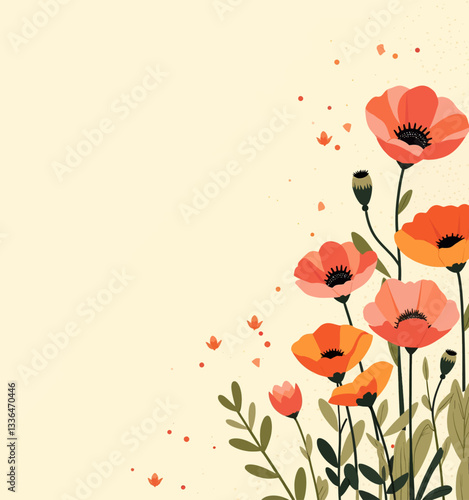 Orange and peach poppy flower illustration on beige