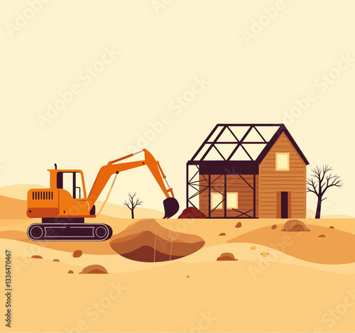 Orange excavator near unfinished wooden house structure