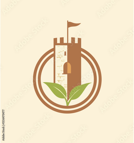 Organic castle tower circle logo with leaves at the base