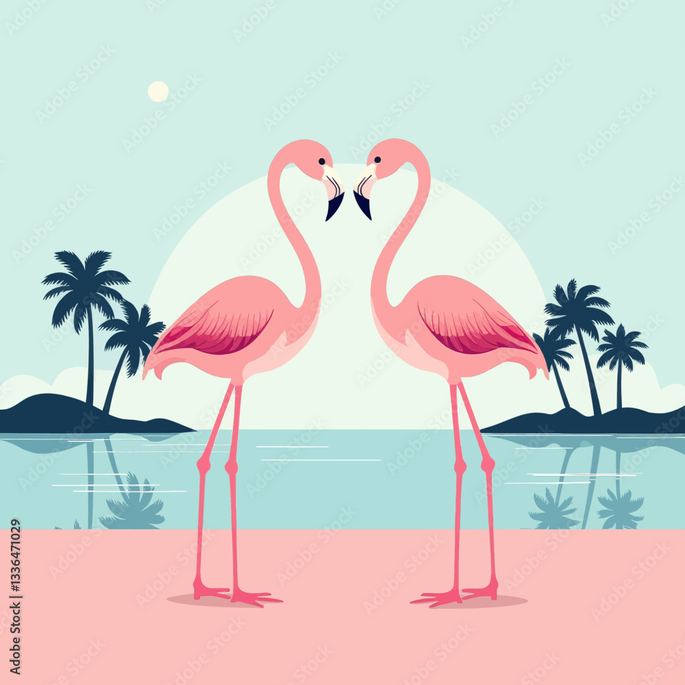 Obraz premium Pair of Pink Flamingos on Beach with Palm Trees