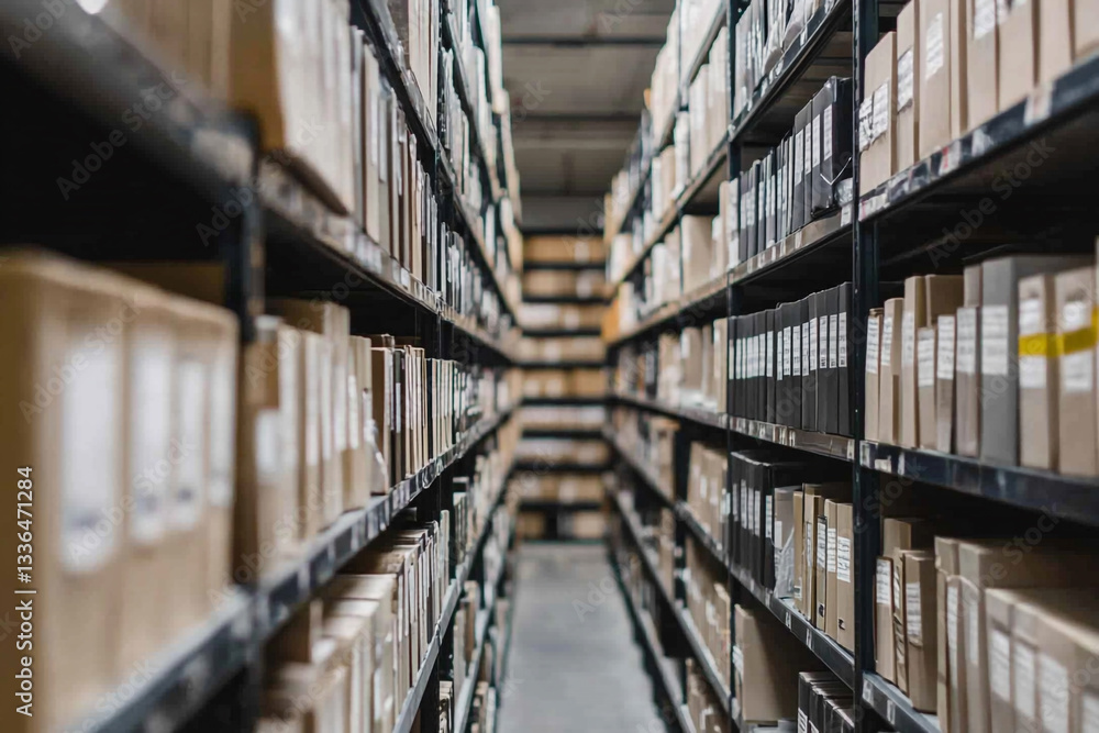 Organized warehouse inventory storage rows of cardboard boxes gray stock order brown metal aisle Organized warehouse inventory storage rows of cardboard boxes gray stock order brown metal aisle