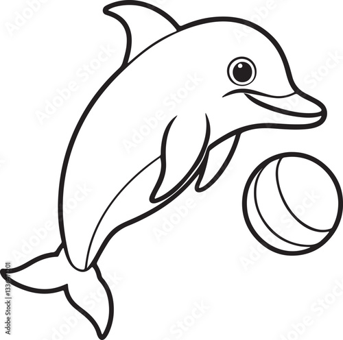 a cute dolphin playing with a ball line art, black outline, vector and illustration, coloring book page line art drawing