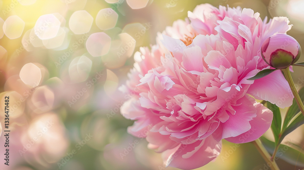 Full shot of a delicate pink peony (Paeonia officinalis), lush ruffled petals with soft pastel hues, romantic floral elegance Full shot of a delicate pink peony (Paeonia officinalis), lush ruffled petals with soft pastel hues, romantic floral elegance
