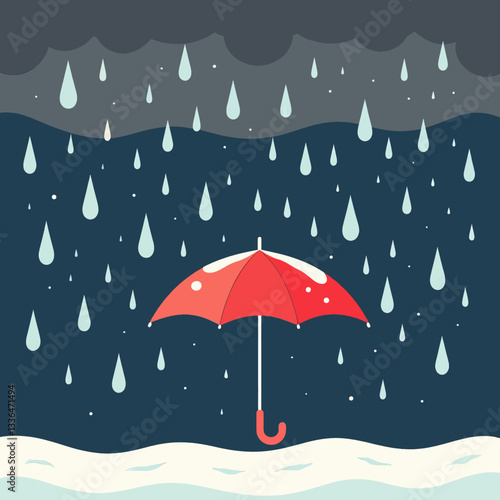 Red Umbrella Protecting from Cartoon Rainstorm