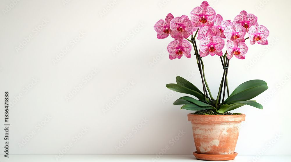 Beautiful pink orchids in terracotta pot, showcasing vibrant colors and delicate petals, perfect for home decor and adding elegance Beautiful pink orchids in terracotta pot, showcasing vibrant colors and delicate petals, perfect for home decor and adding elegance
