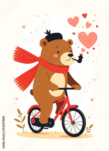 Romantic Bear Rides Bicycle with Hearts and Pipe Smoke