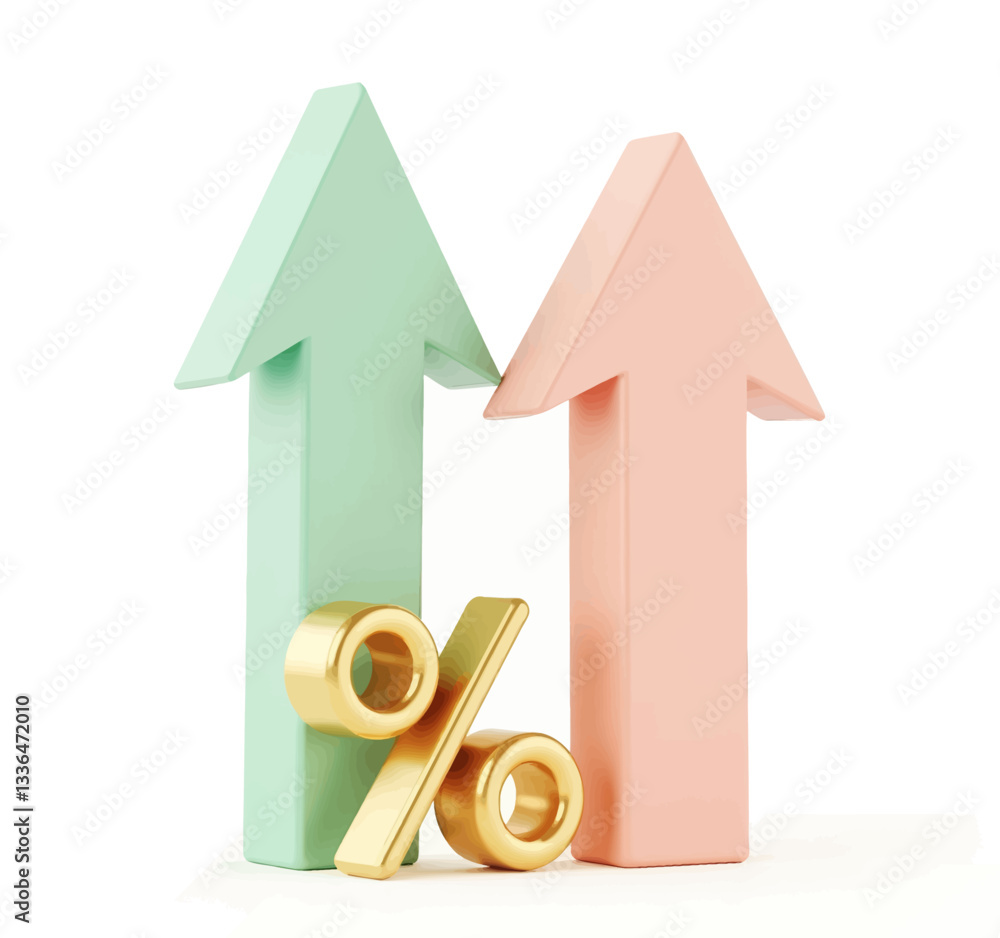 Rising Rates: Green & Pink Arrows with Gold Percent Symbol