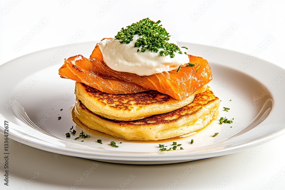 Pancakes with Smoked Salmon and Cream on a White Plate Garnished with Fresh Herbs Pancakes with Smoked Salmon and Cream on a White Plate Garnished with Fresh Herbs