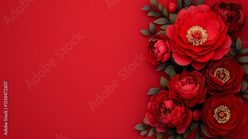 Vibrant red peony floral arrangement studio digital art dramatic background close-up nature's beauty in bloom