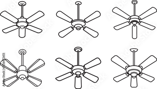 set of fan line art, black outline, vector and illustration, coloring book page line art drawing