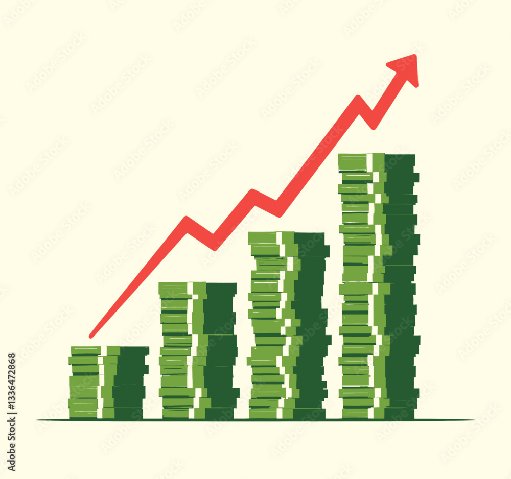 Fototapeta premium Stacks of Money with Increasing Red Arrow Chart