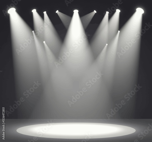 Stage spotlights illuminate platform on gray
