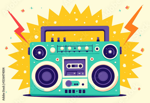 Vibrant Teal Boombox with Lightning Bolts Background
