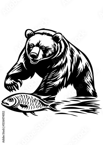 Bear with fish vector illustration, black and white line art, gift ideas, engrave laser, tattoo idea, logo design, vector sketch, printable, bear predator animal design