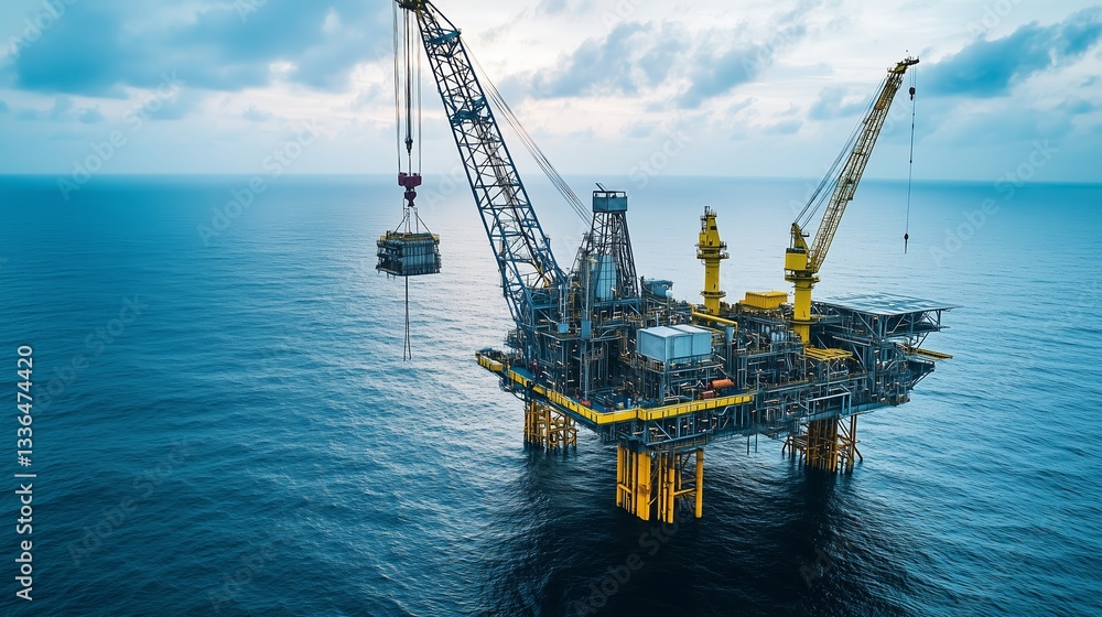 A massive offshore oil rig stands in the open ocean, with a towering crane lifting a drilling module, showcasing the scale and engineering of the global energy industry A massive offshore oil rig stands in the open ocean, with a towering crane lifting a drilling module, showcasing the scale and engineering of the global energy industry