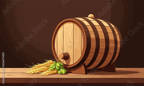 Wooden beer barrel with hops and wheat graphic