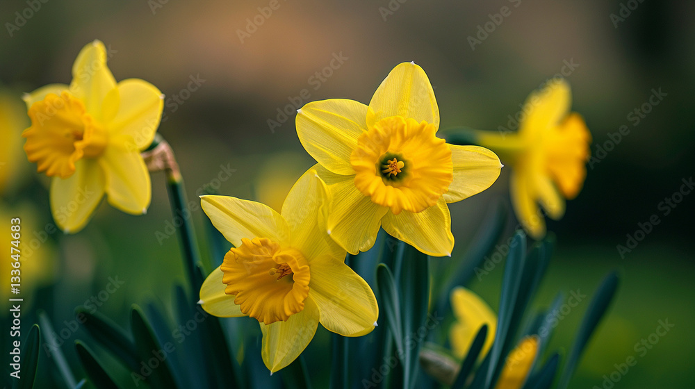 Obraz premium Full shot of a vibrant yellow daffodil (Narcissus pseudonarcissus), trumpet-shaped bloom symbolizing spring renewal